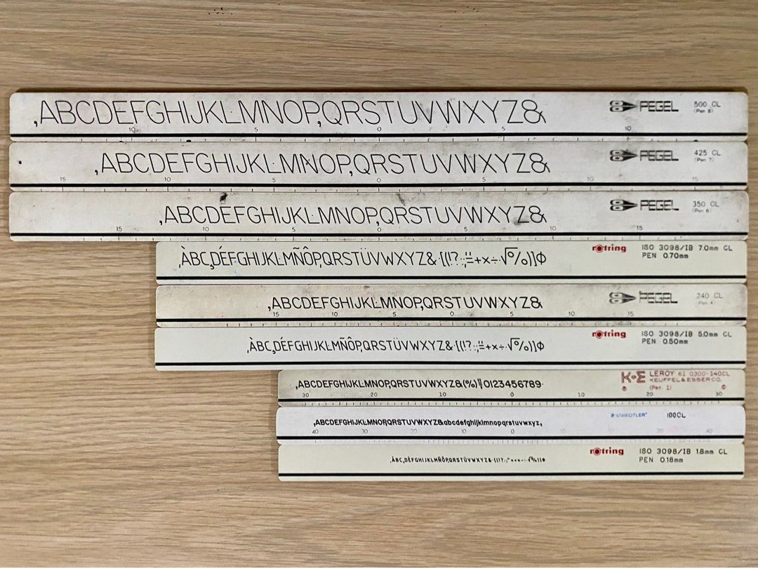 Vintage Lettering Template Set – PEGEL, Rotring, Staedtler, K&E (Category: Craft Supplies & Tools) located in Candelaria. Submitted by ig.finds (Listing ID 1386958148, Image 1). Description: Authentic vintage lettering template set – perfect for drafting, architecture, and technical drawing enthusiasts or collectors of rare design tools. Brands included: • PEGEL 500 CL (Pen 8) – ₱350 • PEGEL 425 CL (Pen 7) – ₱320 • PEGEL 350 CL (Pen 6) – ₱300 • P