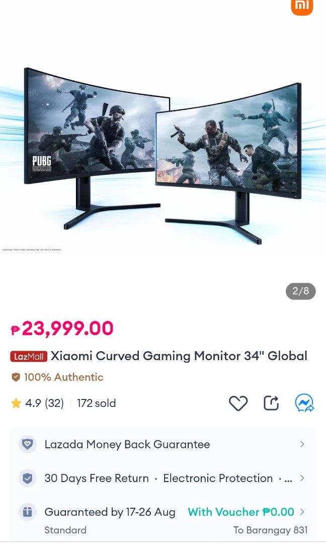 Xiaomi 34" curved screen 144hz (Category: Monitor Screens) located in Manila. Submitted by mrniceonee (Listing ID 1386907251, Image 2). Description: For sale Xiaomi curved screen 34" 144hz Good condition. Bought for 22k, selling it for 14k..