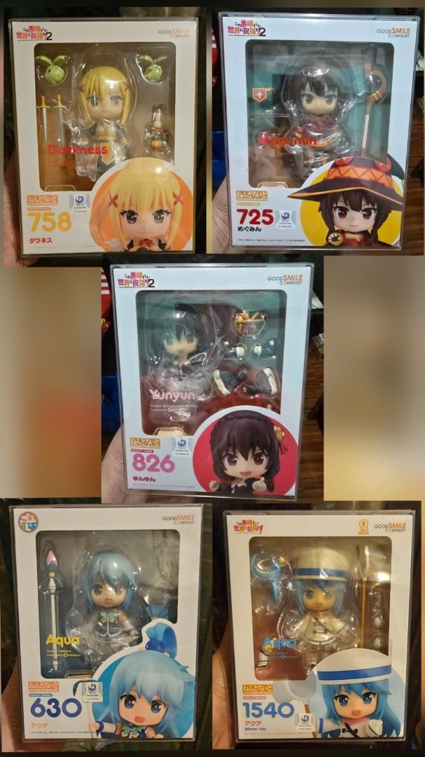Konosuba Nendoroid - MISB (Category: Figurines & Statues) located in Caloocan City. Submitted by homespunmerch (Listing ID 1387131190, Image 1). Description: Price is per Nendoroid. Available: Yunyun - 2200 Megumin - 3500 Darkness - 2200 Aqua Winter Version - 3500 Aqua - 2500 MISB. Only used as a display. With protector case. RFS: decluttering.