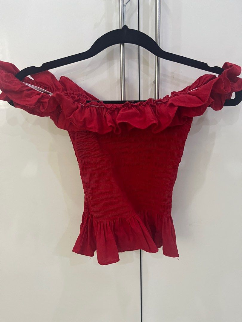 Red off shoulder smocked top (Category: Blouses) located in Quezon City. Submitted by extrastyle (Listing ID 1387030660, Image 2). Description: .