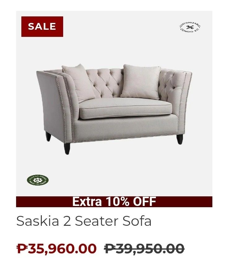 Saskia Sofa 2 Seater (Category: Sofas) located in Paranaque City. Submitted by al.vin13 (Listing ID 1387099845, Image 2). Description: Bought from Our Home Mega Mall Good condition Need lang linisin Orig price: 36,000 Asking price: 15,000 Free shipping within Metro Manila.