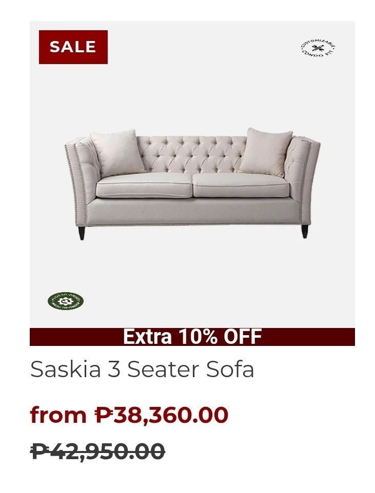 Saskia Sofa 3 Seater (Category: Sofas) located in Paranaque City. Submitted by al.vin13 (Listing ID 1387099120, Image 2). Description: Bought from Our Home Mega Mall Good condition Need lang linisin Orig price: 38,000 Asking price: 17,000 Free shipping within Metro Manila Issue: yung black lining sa ilalim natanggal na. can be easily replaced..