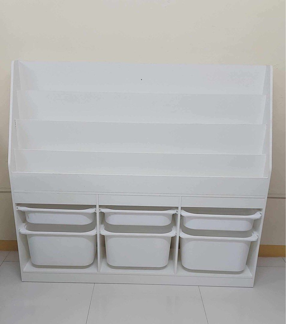 Val Trofast Toy Organizer with tray (Category: Storage Boxes & Baskets) located in Manila. Submitted by dolorchris69891 (Listing ID 1387025391, Image 1). Description: Trofast Toy Organizer with tray All white Mdf wood material 133x30x119cm LxWxH 5300.