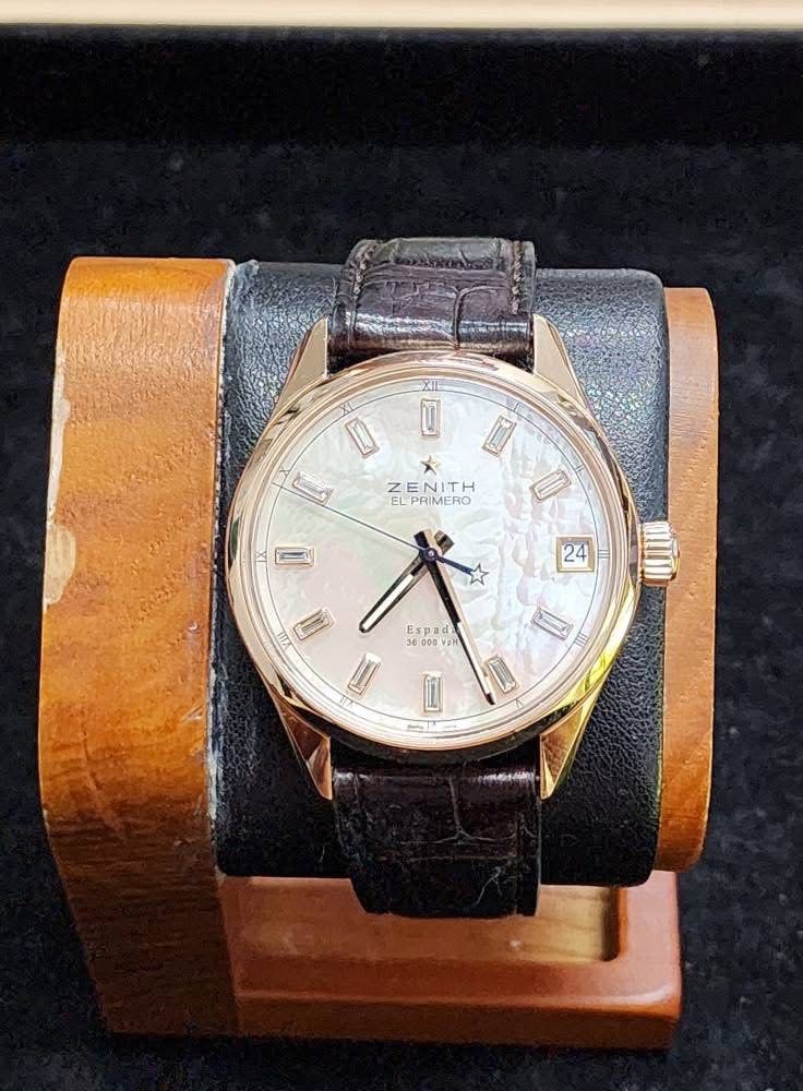 Zenith (Category: Luxury Watches) located in Manila. Submitted by alvin6697 (Listing ID 1387011859, Image 3). Description: Zenith El Primero Caliber Automatic 18K Rose Gold - Seconds, Minutes, Hours Date at 3 o’clock side Baguette cut Diamonds Brand: Zenith Automatic Gender: Men's Case material: Rose gold Model: El Primero Espada by Zenith Reference number: 18. 2170. 4650/81. C713 Period: 2011-present Material grade: 18 kt gold Diameter: 40 mm (m