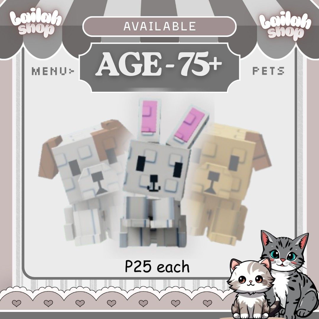 AGE 75+ PETS | GROW A GARDEN | RANDOM PETS | ROBLOX (Category: In-Game Products) located in Baliuag. Submitted by sxmplycollections (Listing ID 1387210940, Image 1). Description: 🌷 Welcome to SxmplyCollections Shop! 🌷 Are you looking for a specific pet? Allow me to assist you in finding the perfect one. How to Purchase: 1️⃣ Kindly provide a picture of the pet you wish to purchase. 2️⃣ Once we have finalized the agreement, I will send you the ne