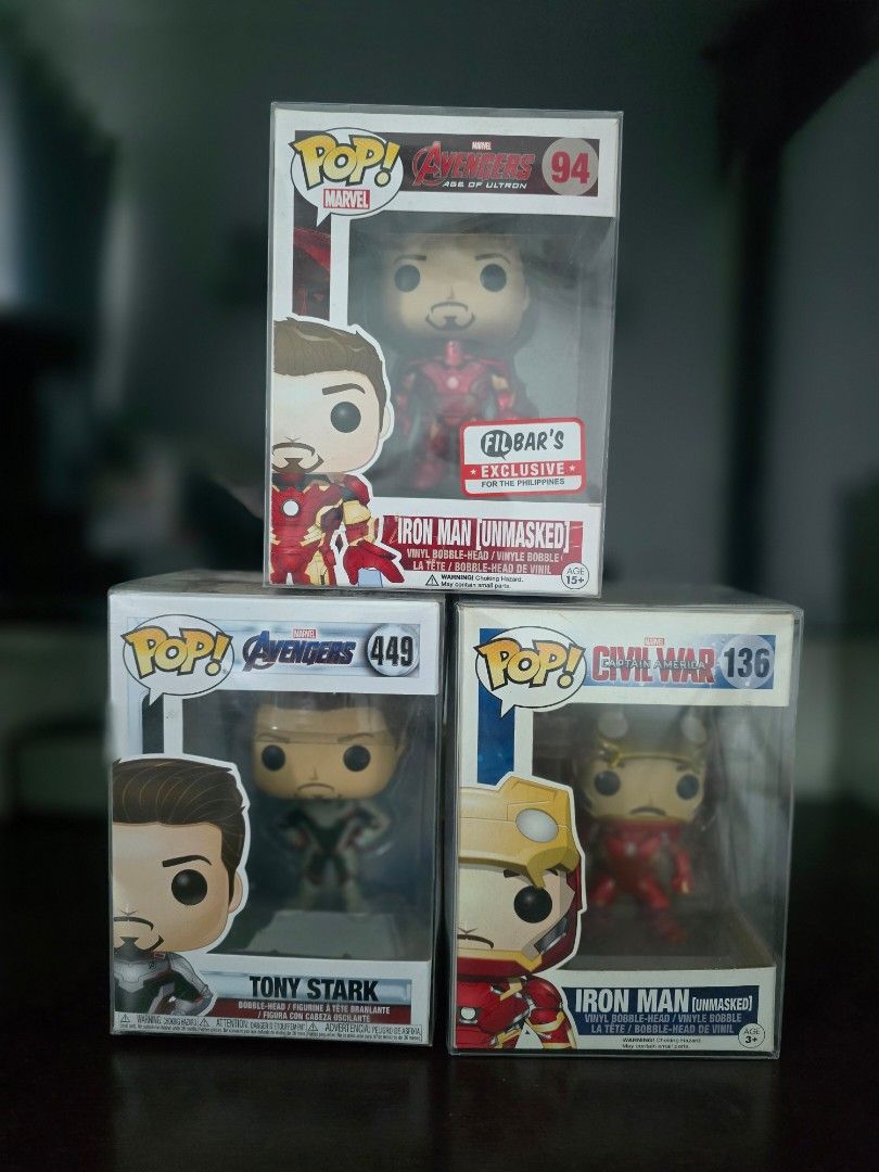 Funko Pop! Tony Stark Collection with Exclusive (Category: Designer & Blind Box Toys) located in Quezon City. Submitted by allthingsgoode_men (Listing ID 1387226164, Image 2). Description: Selling as a set only. No individual purchase. Funko Pop! Capt.Americe Civil War Iron Man (unmasked) #136 *rare* Box Condition - 9/10 Pop Condition- 10/10 (noob) Funko Pop! Avengers Tony Stark #449 Box Condition- 9/10 Pop Condition- 10/10 (noob) Funko Pop! Aven