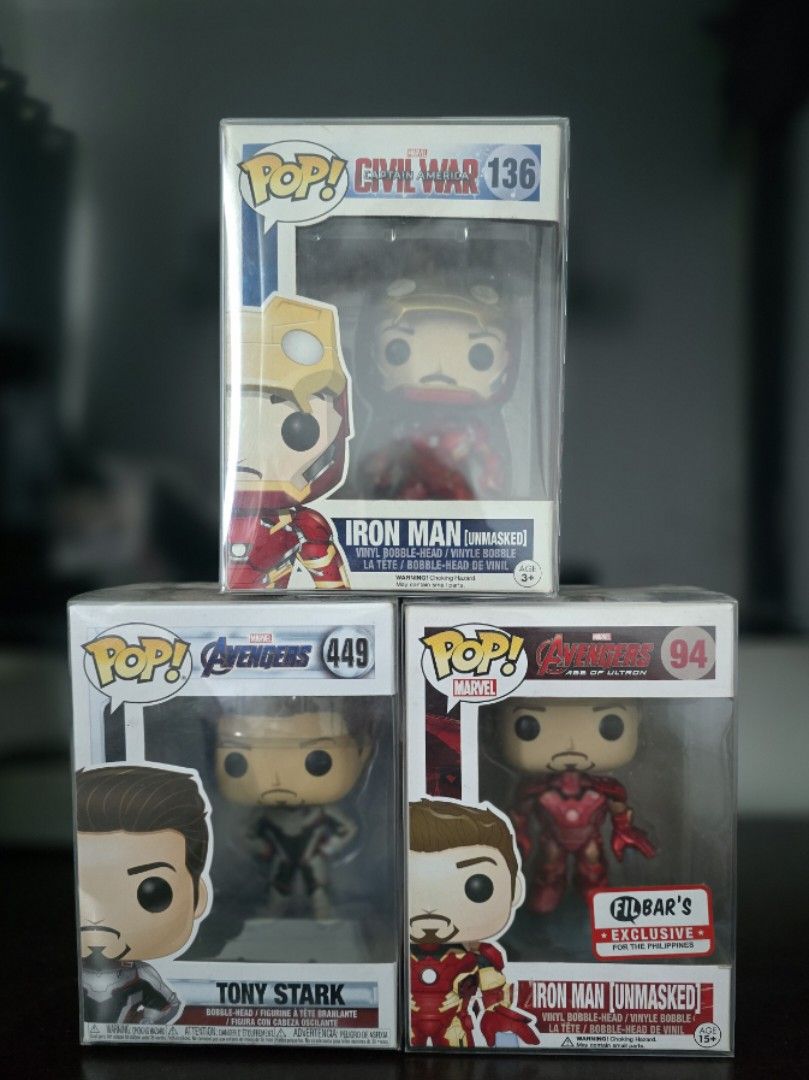 Funko Pop! Tony Stark Collection with Exclusive (Category: Designer & Blind Box Toys) located in Quezon City. Submitted by allthingsgoode_men (Listing ID 1387226164, Image 1). Description: Selling as a set only. No individual purchase. Funko Pop! Capt.Americe Civil War Iron Man (unmasked) #136 *rare* Box Condition - 9/10 Pop Condition- 10/10 (noob) Funko Pop! Avengers Tony Stark #449 Box Condition- 9/10 Pop Condition- 10/10 (noob) Funko Pop! Aven