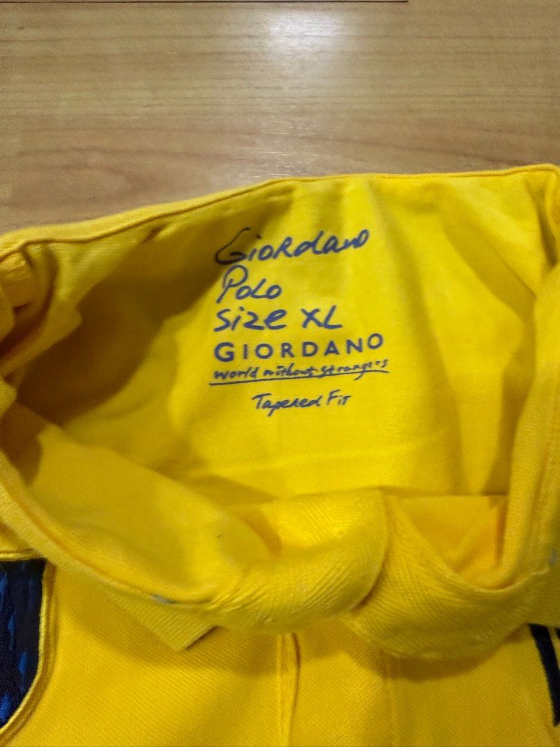 Giordano yellow polo shirt (Category: Tshirts & Polo Shirts ) located in Manila. Submitted by randomstuff.mnl (Listing ID 1387320372, Image 2). Description: Bust: 42 in Length: 27 in.