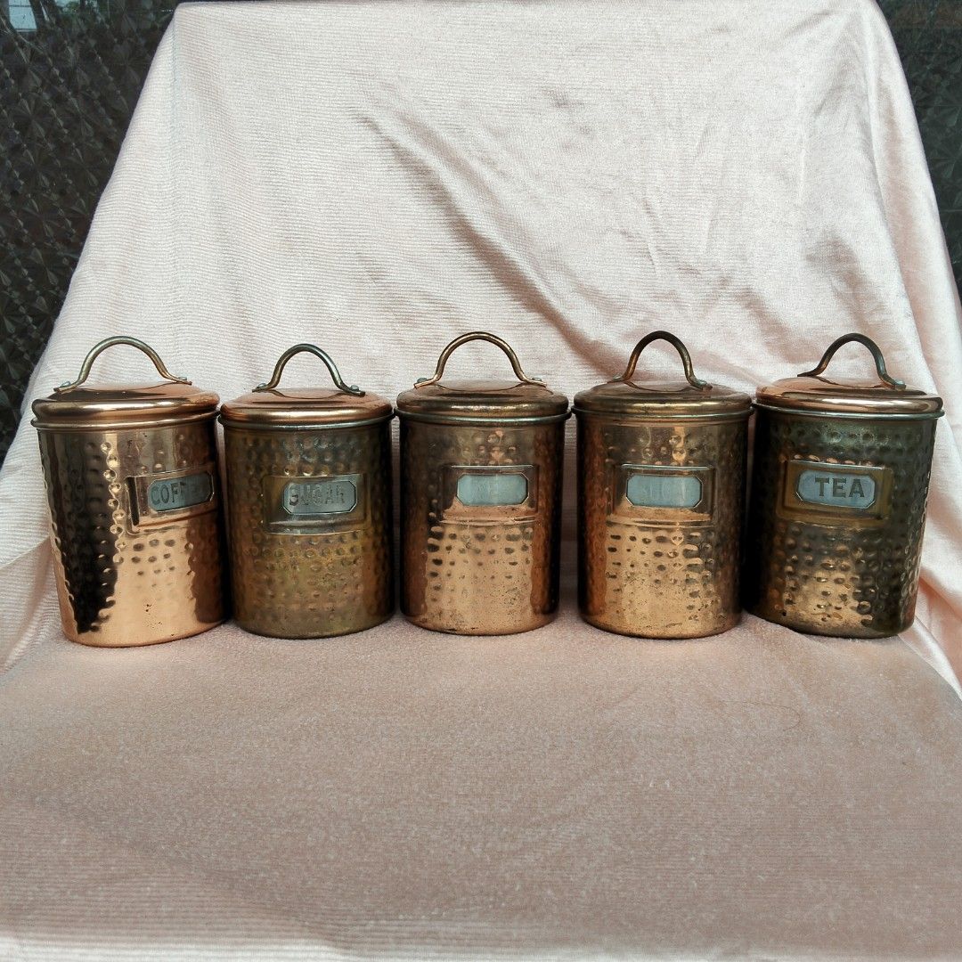 Hammered Copper Kitchen Canisters sets of 5 (Category: Food Organization & Storage) located in Angeles City. Submitted by salazarsus52031 (Listing ID 1387172635, Image 2). Description: For Sale 📌 Hammered Copper Kitchen Canisters. Typically used for storing dry goods like tea, coffee, and sugar. Quality Set of 5 Tea Coffee Sugar Tins ✔️Decorative Copper Rose Gold ✔️Hammered Stainless Steel ✔️Silver Metal Handle and Name Plate ✔️Airtight Seal Lid