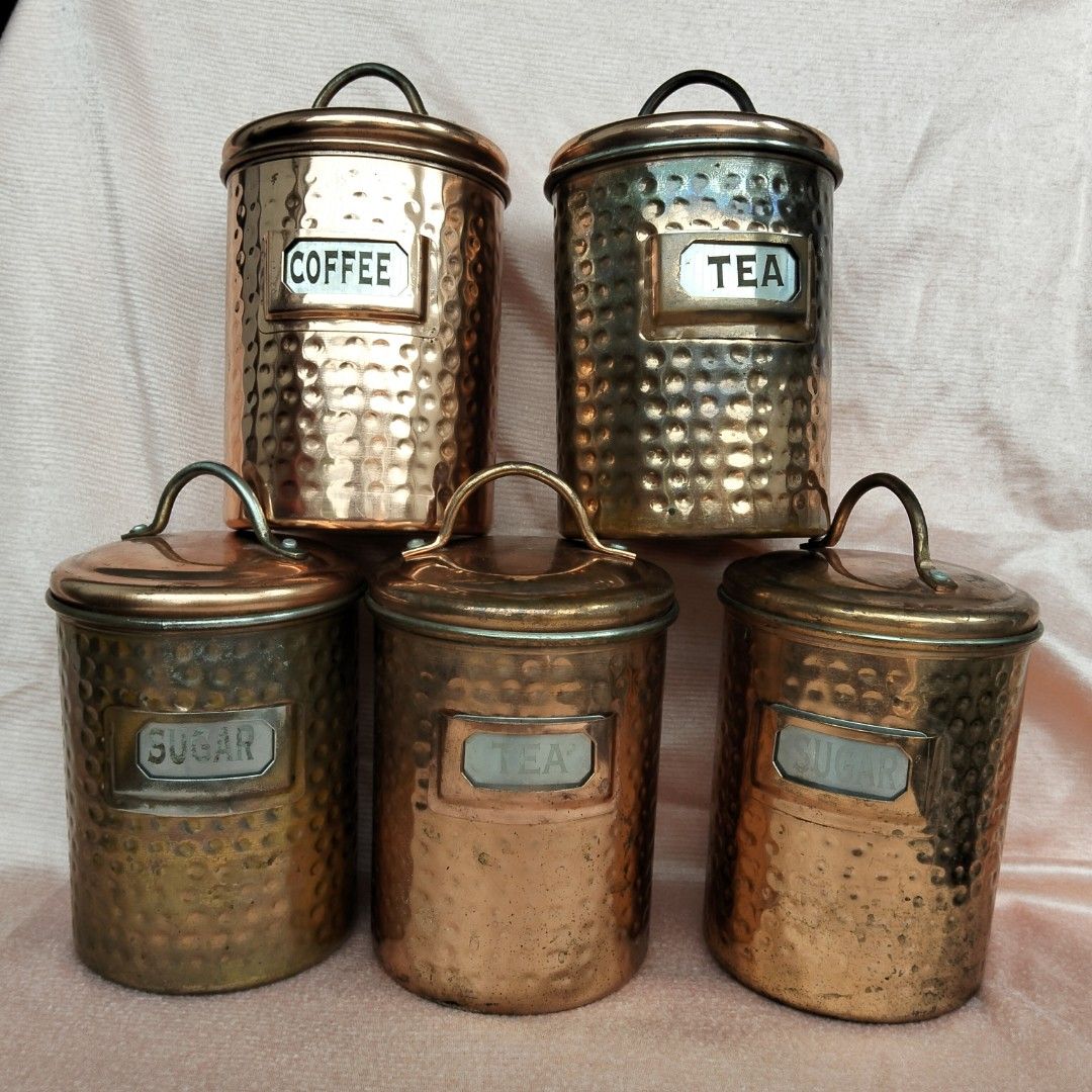 Hammered Copper Kitchen Canisters sets of 5 (Category: Food Organization & Storage) located in Angeles City. Submitted by salazarsus52031 (Listing ID 1387172635, Image 1). Description: For Sale 📌 Hammered Copper Kitchen Canisters. Typically used for storing dry goods like tea, coffee, and sugar. Quality Set of 5 Tea Coffee Sugar Tins ✔️Decorative Copper Rose Gold ✔️Hammered Stainless Steel ✔️Silver Metal Handle and Name Plate ✔️Airtight Seal Lid