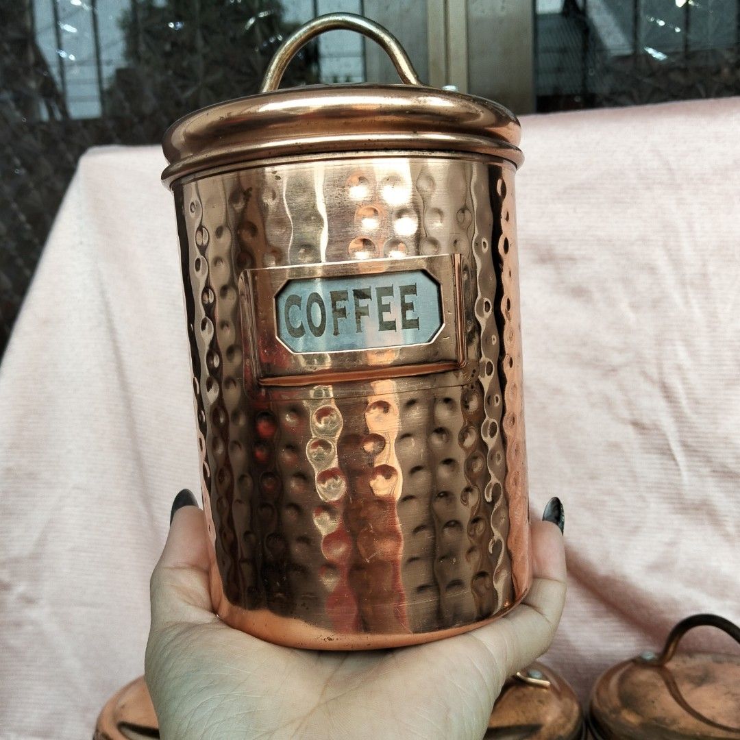 Hammered Copper Kitchen Canisters sets of 5 (Category: Food Organization & Storage) located in Angeles City. Submitted by salazarsus52031 (Listing ID 1387172635, Image 3). Description: For Sale 📌 Hammered Copper Kitchen Canisters. Typically used for storing dry goods like tea, coffee, and sugar. Quality Set of 5 Tea Coffee Sugar Tins ✔️Decorative Copper Rose Gold ✔️Hammered Stainless Steel ✔️Silver Metal Handle and Name Plate ✔️Airtight Seal Lid