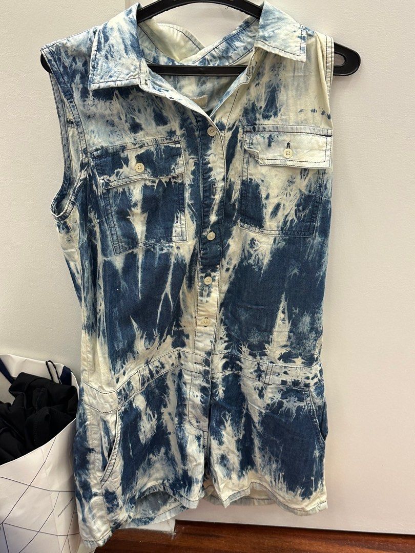 Michael Kors Tie-Dye Denim Romper (Category: Rompers) located in Makati City. Submitted by masterch3f (Listing ID 1387283054, Image 1). Description: - Brand new with tags - Small stains from storage but can be washed Size: S Shipping shouldered by buyer .