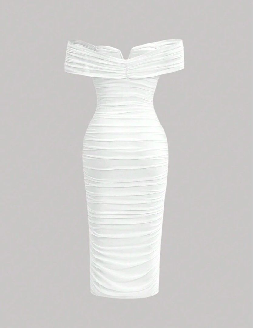 SHEIN White Off Shoulder Dress (Category: Dresses) located in Valenzuela. Submitted by solene_ (Listing ID 1387286795, Image 2). Description: NEVER been used. Maluwag sakin. Check measurements sa last pic. Still nego! Keywords: White dress, long dress, white long dress, graduation dress, civil wedding dress, plus size dress, dress plus size .