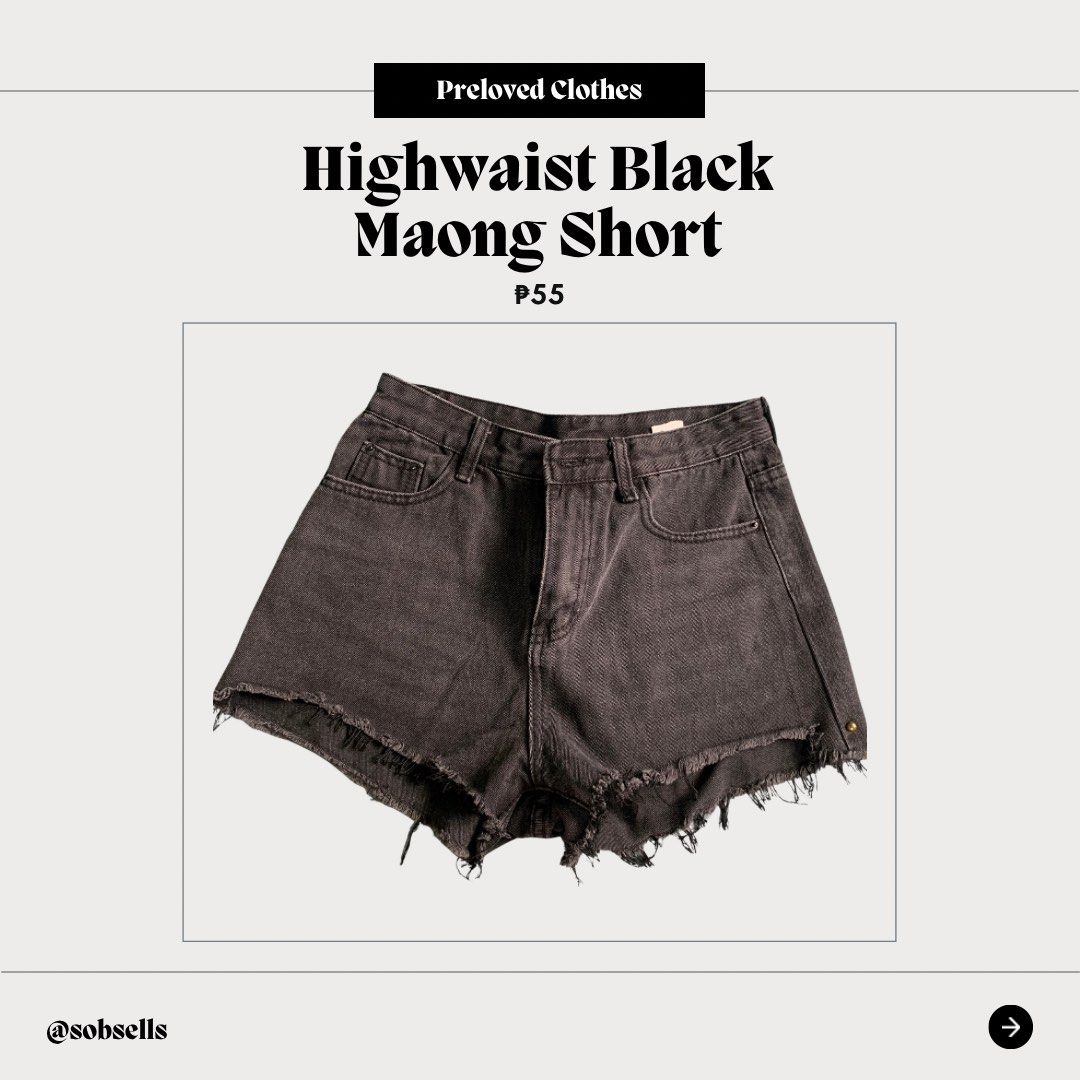 [Short] Highwaist Black Maong Short (Category: Shorts) located in Batangas. Submitted by sobsells (Listing ID 1387244618, Image 1). Description: [ CONDI CHECK ! ] • slightly used • size: medium • good for petite gurlies! -can provide vid para ma-check condition! mop: gcash mod: j&t only (can do meet-ups if malapit lang) .