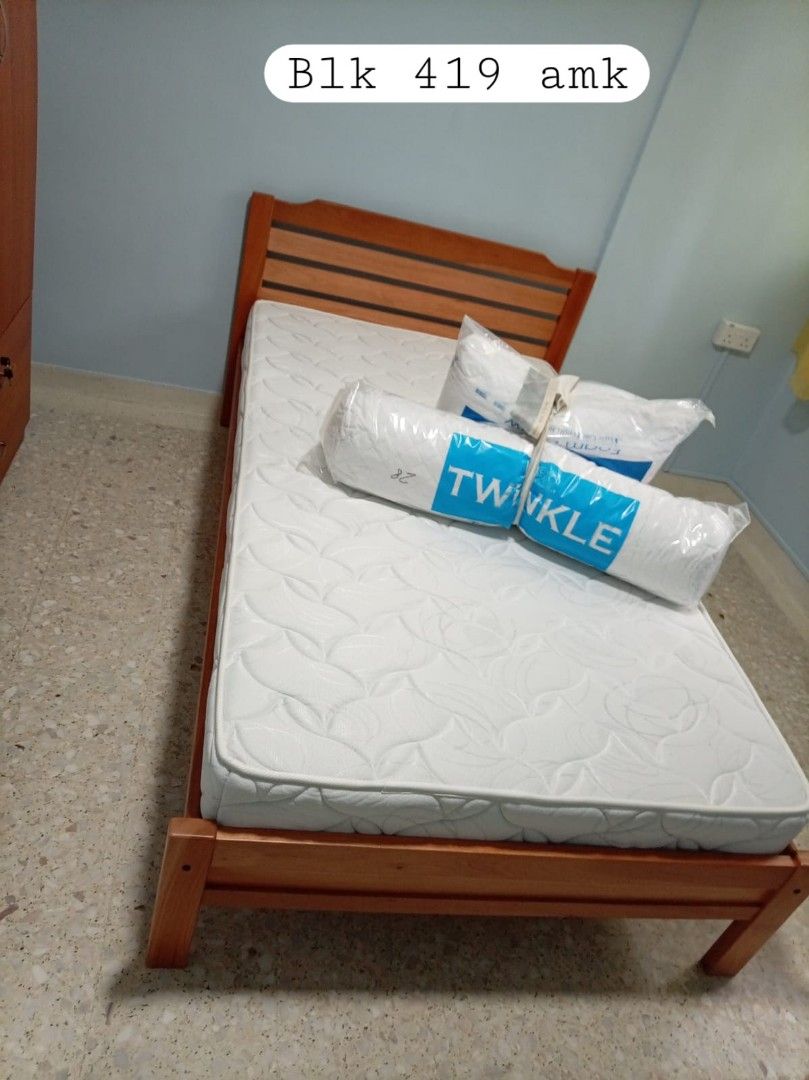 Single Bed Frame (Category: Bed Frames & Mattresses) located in Singapore. Submitted by sallyangpc (Listing ID 1387286539, Image 3). Description: Various single and super single bed frames with mattresses available. Some are wooden, others have upholstered headboards. Self-collection is preferred..