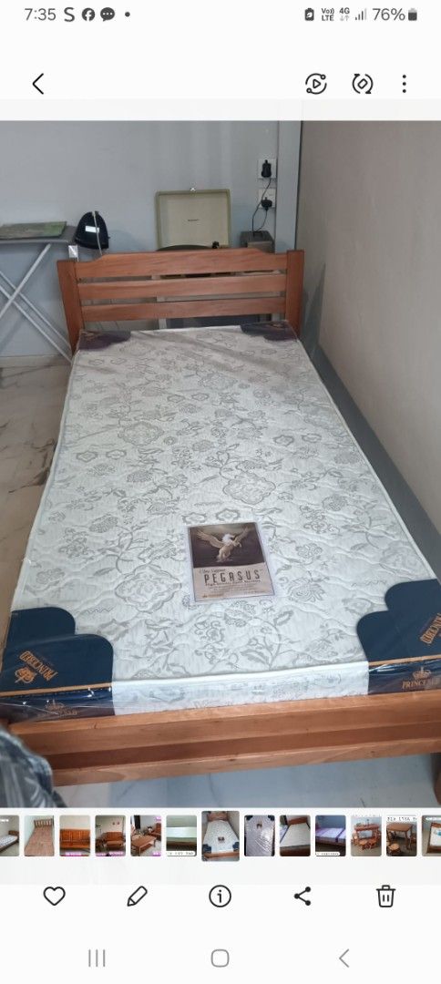 Single Bed Frame (Category: Bed Frames & Mattresses) located in Singapore. Submitted by sallyangpc (Listing ID 1387286539, Image 1). Description: Various single and super single bed frames with mattresses available. Some are wooden, others have upholstered headboards. Self-collection is preferred..