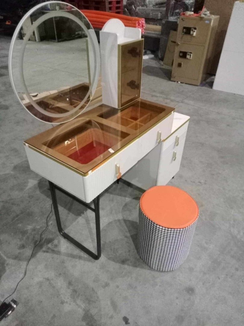 Val Restock‼️ Vanity Dresser with Led Mirror and Stool table (Category: Mirrors) located in Manila. Submitted by dolorchris69891 (Listing ID 1387201021, Image 1). Description: Restock‼️ Vanity Dresser with Led Mirror and Stool Table: 80x40x82x139cm Chair: 30x30x40cm Cabinet: 30x40x60cm Mirror: 54cm.