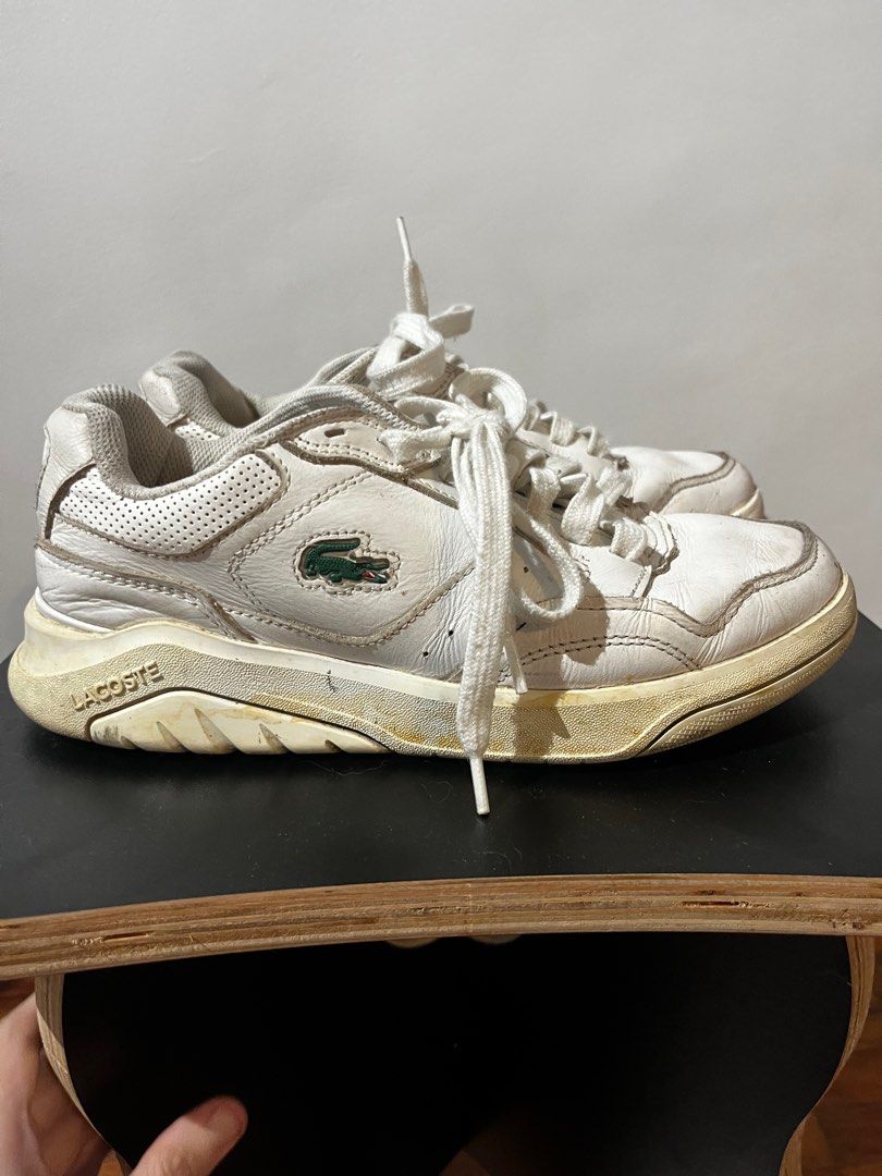 White Lacoste Leather Sneakers Game Advance Luxe (Category: Sneakers) located in Mandaluyong City. Submitted by 1uvcollect (Listing ID 1387253583, Image 2). Description: EU 37.5 UK 4.5 US 6.5 Good for rain Needs major cleaning.