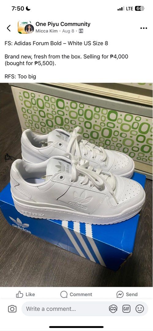 Adidas Forum Bold – White (Category: Casual Shoes) located in Quezon City. Submitted by miccassy (Listing ID 1387474020, Image 1). Description: FS: Adidas Forum Bold – White US Size 8 Brand new, fresh from the box. Selling for ₱4,000 (bought for ₱5,500). RFS: Too big.