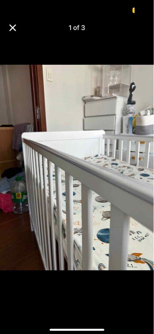 Aesthetic White Crib (Category: Cots & Cribs) located in Paranaque City. Submitted by seanpineda (Listing ID 1387375033, Image 2). Description: Minimalist White Crib From SM Store Bought it for 22k including Uratex foam. RFS: breastfeeding si baby kaya ayaw magcrib nasa bed namin decided to sell it nalang. Never nagamit! 10,000.