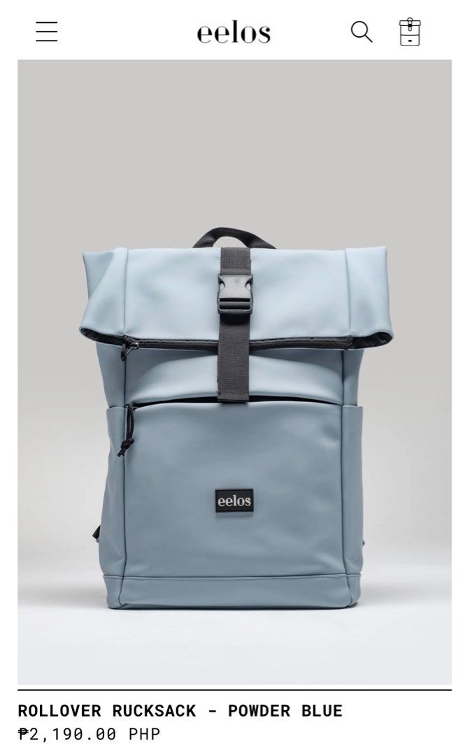 EELOS ROLLOVER RUCKSACK - POWDER BLUE • Laptop Backpack (Category: Luxury Bags & Wallets) located in Pandi. Submitted by prelovedforbabies (Listing ID 1387445823, Image 1). Description: 💕 Crafted from 100% vegan leather, this backpack is durable yet lightweight. Its buttery soft texture invites touch, while a waterproof finish ensures your essentials stay protected—rain or shine. Ready for wherever the day takes you. 💕 Material: 100% Vegan Leat