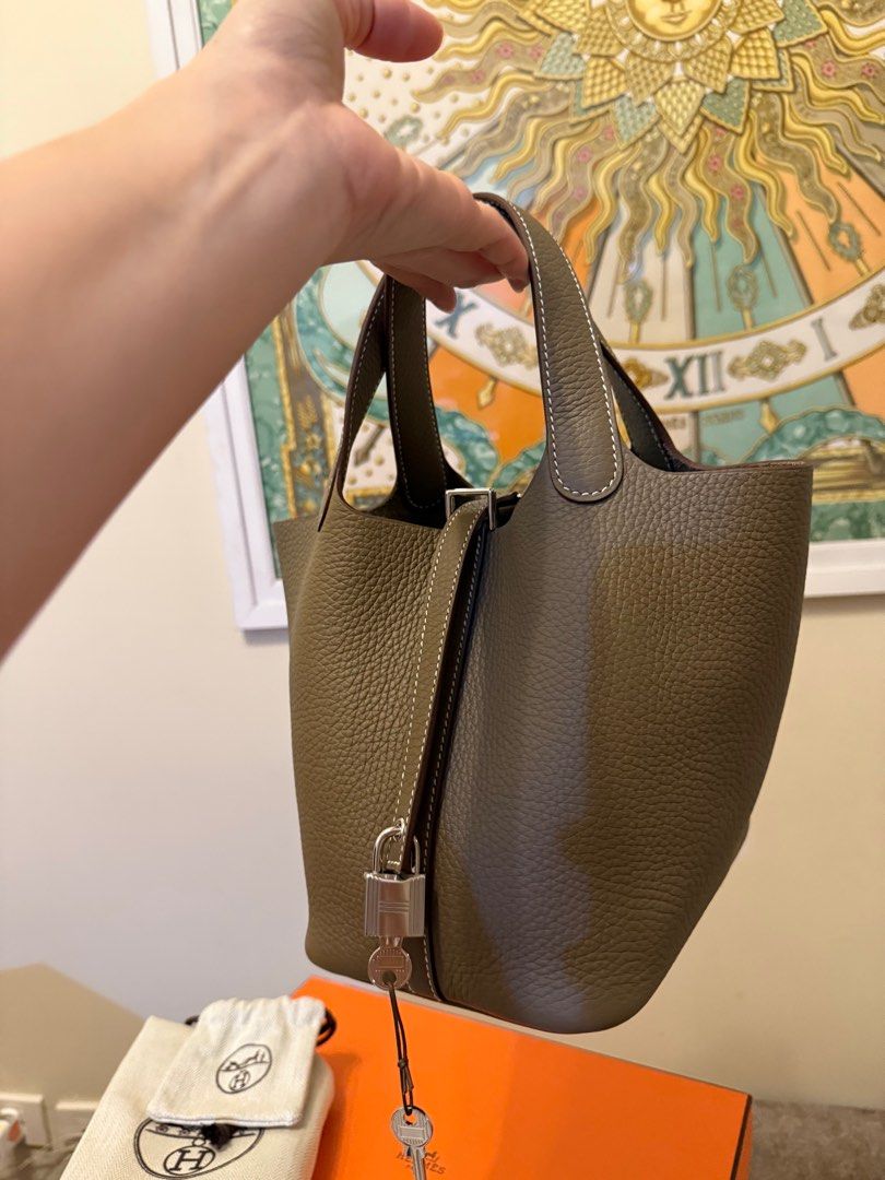 Hermes Picotin 18 Etoupe PHW Stamp K (Category: Luxury Bags & Wallets) located in Taguig. Submitted by rammia (Listing ID 1387542436, Image 3). Description: Hermes Picotin Complete Set Hard to get Color Etoupe in PHW Box Dustbag Receipt Copy Free Twilly .