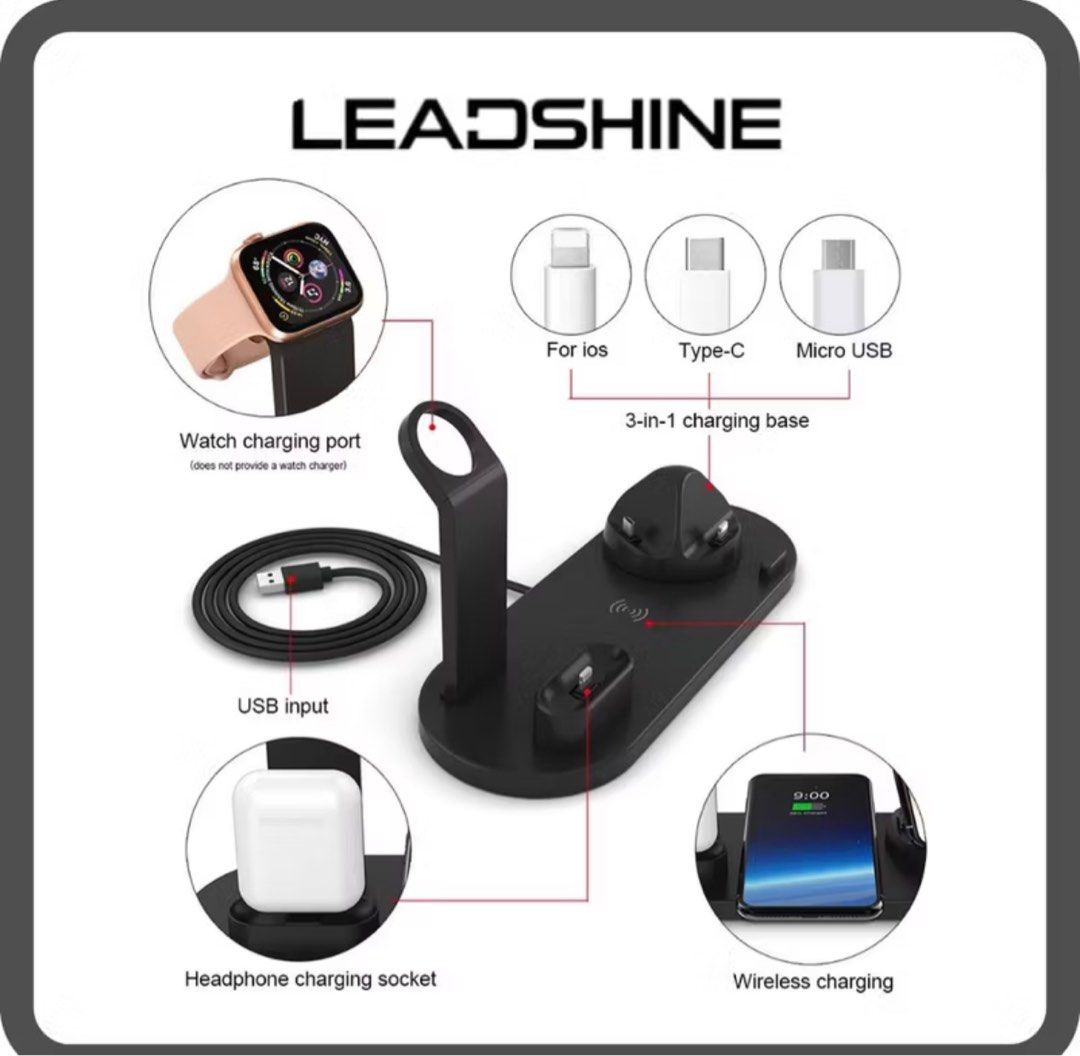 Leadshine multi function charging stand (Category: Chargers & Cables) located in Kuala Lumpur. Submitted by smkyn (Listing ID 1387494958, Image 1). Description: Leadshine multi function charging stand For iphone, iwatch and airpods Brand new. Not used at all. RM100 with free courier..