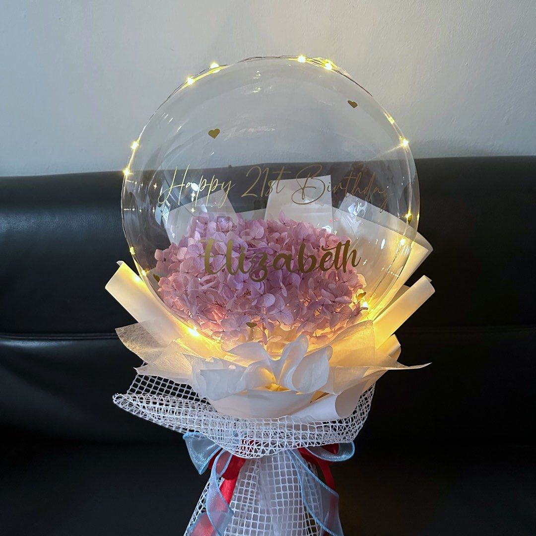 Personalised preserved flower pink hydrangea in bobo balloon bouquet ...