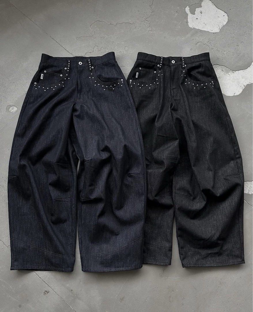 收購❗️Perushu SILVER STUDDED RIGID DENIM 原色黑鉚釘M, 他的