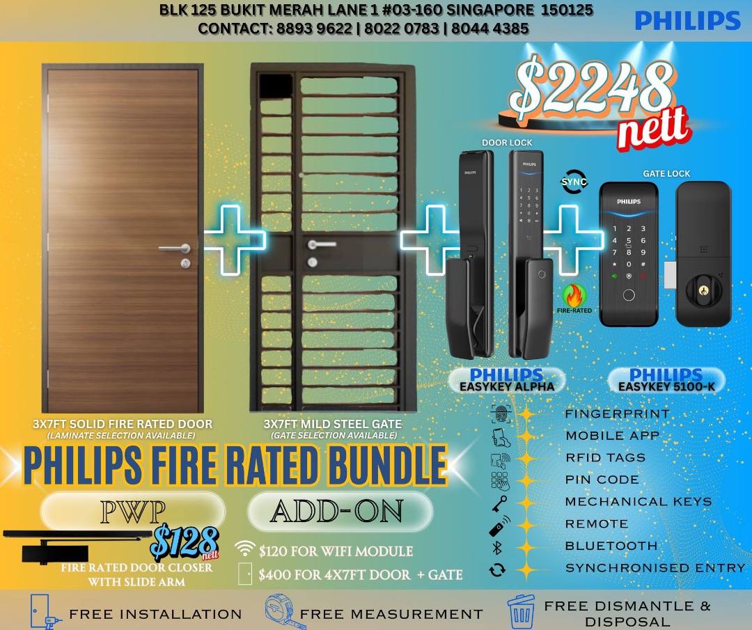 Philips Alpha + Philips 5100K + Fire rated main door + Mildsteel gate 4 in  1 bundle, Furniture & Home Living, Security & Locks, Locks, Doors & Gates  (Ready-made) on Carousell