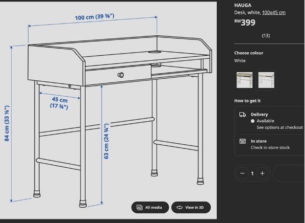 Study Table (Category: Tables & Sets) located in Kuala Lumpur. Submitted by cute8332 (Listing ID 1387420018, Image 3). Description: HAUGA Desk White ping for more details.