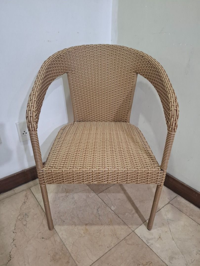Synthetic Rattan Chair (Category: Chairs) located in Quezon City. Submitted by bluejacaranda (Listing ID 1387441169, Image 1). Description: Chair Material: Plastic/Synthetic Rattan Frame: Galvanized Steel (rust-resistant, durable) Size: 21" (W) x 18" (D) x 32" (H) Suitable for both indoor and outdoor use .