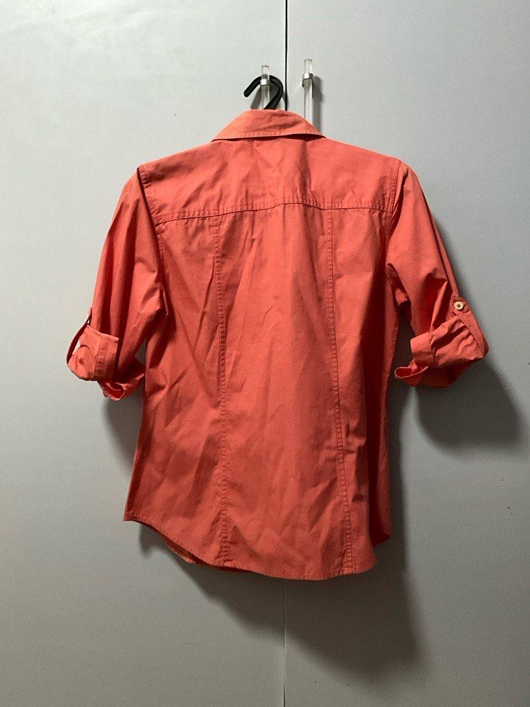 Coral Red / Orange Reddish Collared Blouse (Category: Blouses) located in San Pedro. Submitted by dottable (Listing ID 1387727105, Image 2). Description: Has small white marks (near collar) and yellow marks (on sleeve), but hard to see from far away and barely noticeable!.