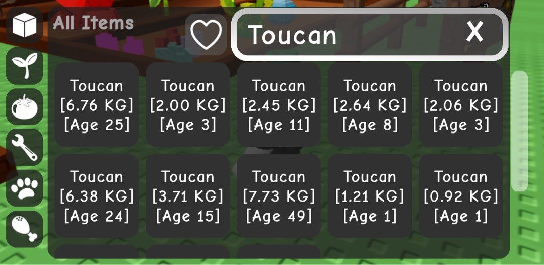 Grow a Garden Toucan (Category: In-Game Products) located in Las Pinas. Submitted by charlsssb (Listing ID 1387673031, Image 1). Description: Grow a Garden Toucan For only ₱15 each. Random age and kg. No choosing Dm for inquiries. .