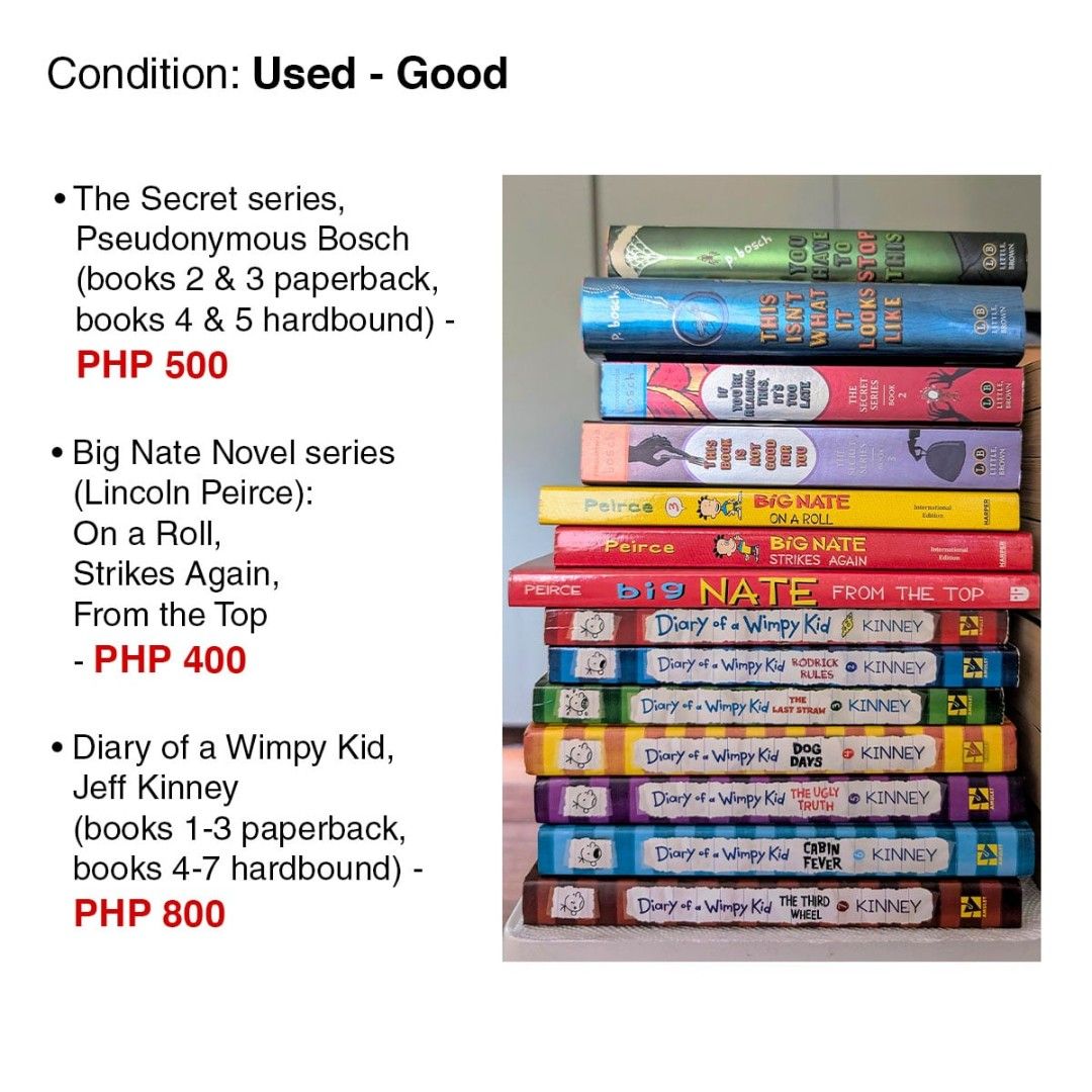 Miscellaneous Children's Fiction Novels (Category: Storybooks) located in Paranaque City. Submitted by kabechoco (Listing ID 1387674309, Image 1). Description: Prices are on the first image! Pls DM for pics of specific books. -- ⚠️Not available⚠️ Diary of a Wimpy Kid series --.