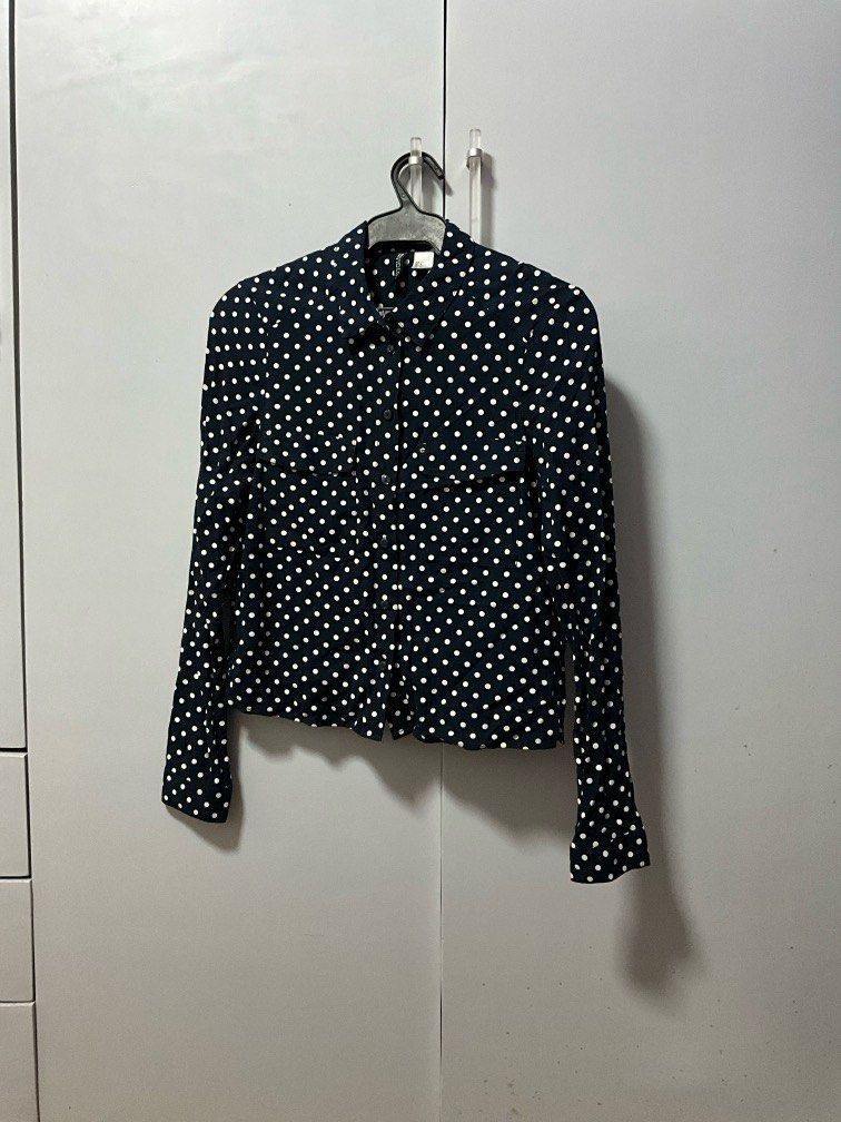 Navy Blue Polka-Dotted Long Sleeved Blouse (Category: Blouses) located in San Pedro. Submitted by dottable (Listing ID 1387724400, Image 1). Description: .