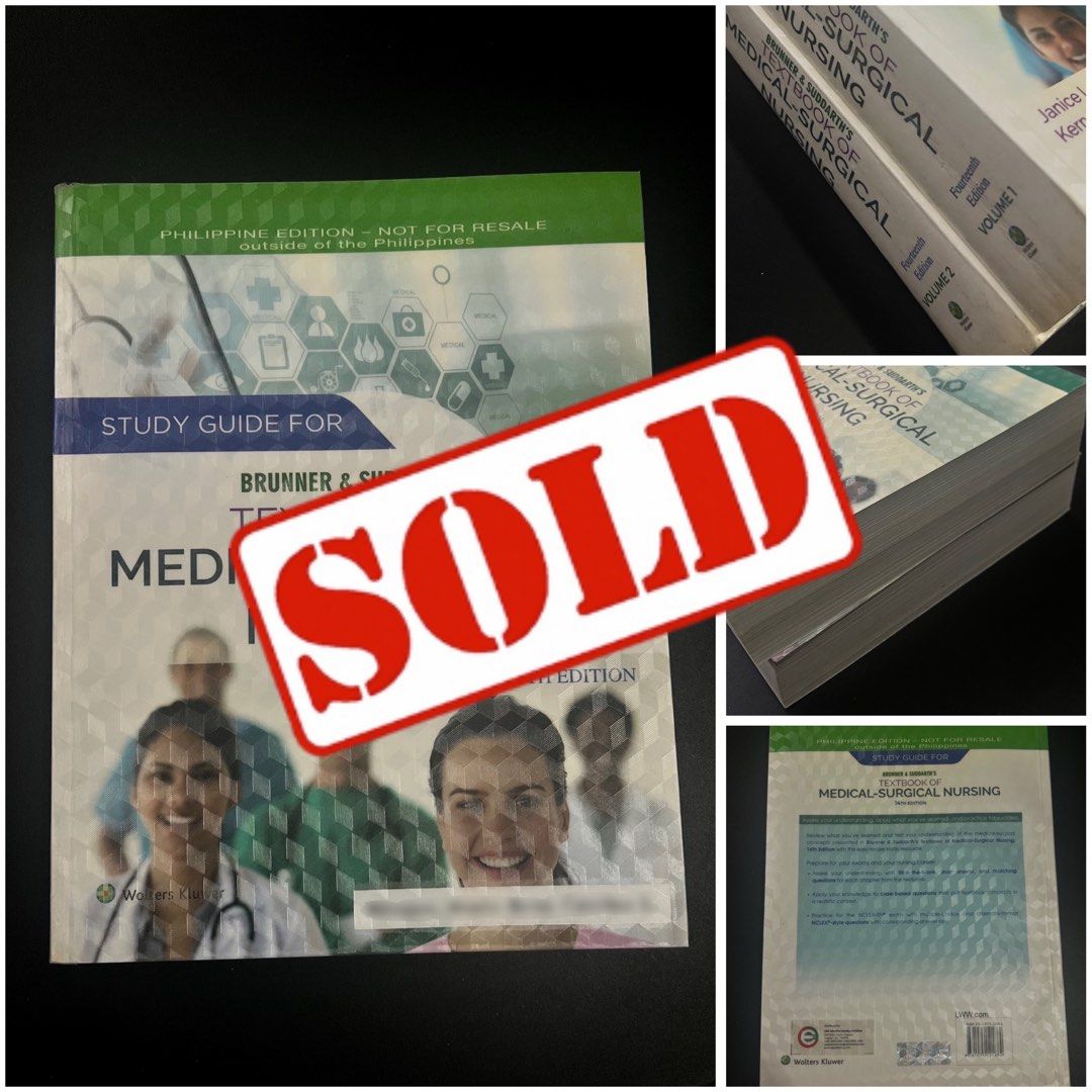 Nursing Books for SALE (read description) (Category: Textbooks) located in Cavite. Submitted by bubfinds (Listing ID 1387574518, Image 2). Description: 𝐅𝐎𝐑 𝐒𝐀𝐋𝐄 𝐔𝐒𝐄𝐃 𝐍𝐔𝐑𝐒𝐈𝐍𝐆 𝐁𝐎𝐎𝐊𝐒: • Brunner & Suddarth’s 𝗠𝗲𝗱𝗶𝗰𝗮𝗹 𝗦𝘂𝗿𝗴𝗶𝗰𝗮𝗹 𝗡𝘂𝗿𝘀𝗶𝗻𝗴 Volume 1 & 2 14th Edition (₱1000 with FREE Study Guide) - SOLD • Wolters Kluwer 𝗡𝘂𝗿𝘀𝗶𝗻𝗴 𝗛𝗲𝗮𝗹𝘁𝗵 𝗔𝘀𝘀𝗲𝘀𝘀𝗺𝗲𝗻𝘁 3rd Edition (₱400) • Pearson 𝗙𝘂𝗻𝗱𝗮𝗺𝗲𝗻𝘁