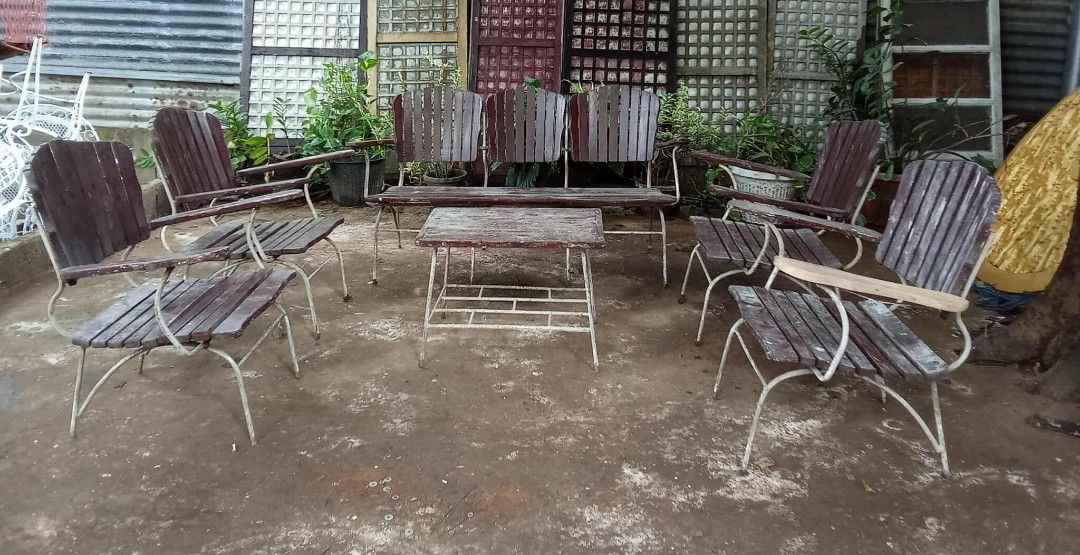 Old Industrial Sala Set (Category: Tables & Sets) located in Rizal. Submitted by mommykiee (Listing ID 1387597861, Image 1). Description: Old industrial Sala Set Made of narra wood & metal except top of table tanguile wood Selling as is Need sanding & varnish.