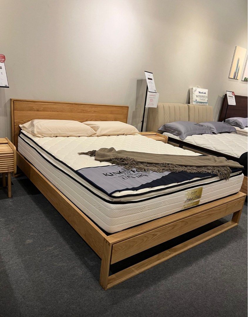 Solid Oak Bed Frame (Category: Bed Frames & Mattresses) located in Singapore. Submitted by theblackmarket_ (Listing ID 1387629894, Image 1). Description: Used for 1 year plus in pristine condition. Got it from local store Born in colour. *Does not include mattress *Buyer to arrange collection & delivery.