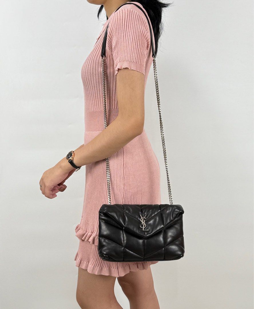 Ysl Loulou Puffer (Category: Luxury Bags & Wallets) located in Manila. Submitted by luxuryprelovedbagsby_by_agnes (Listing ID 1387594671, Image 2). Description: THE ICONIC LOULOU PUFFER IN A MINI VERSION. MADE OF SOFT NAPPA LAMBSKIN WITH CHEVRON QUILTING, IT FEATURES A SLIDING CHAIN FOR WEARING IT ON THE SHOULDER OR CROSSBODY. GROSGRAIN LINING LIGHT BRONZE BRASS HARDWARE MAGNETIC SNAP TAB INTERIOR ZIPPED POCKET TWO CARD SLOTS DIMENSIONS: 23 X 15.