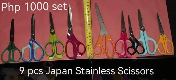 9 pcs Japan Stainless Scissors (Category: Craft Supplies & Tools) located in Los Banos. Submitted by princessbotique (Listing ID 1384357286, Image 1). Description: 9 pcs Japan Stainless Scissors Take all Php 1000 Pls see pix for price and details Fix and Firm No LP pls Pickup/Lalamove/Meetup From Los Banos Laguna Meet-ups per arrangement MOP GCash Pm if interested.