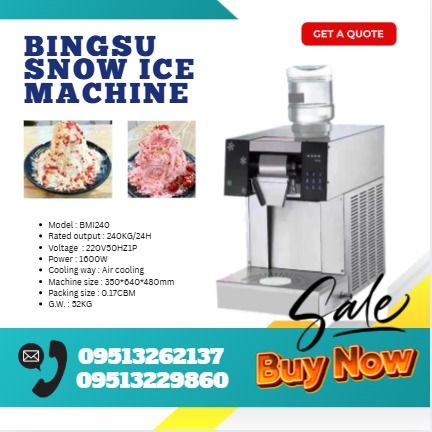 Bingsu Snow Ice Machine (Category: Industrial Equipment) located in Caloocan City. Submitted by chaseolive35337 (Listing ID 1384259473, Image 1). Description: Model : BMI240 Rated output : 240KG/24H Voltage : 220V50HZ1P Power : 1600W Cooling way : Air cooling Machine size : 350*640*480mm Packing size : 0.17CBM G.W. : 52KG 📌 💵 Cash 50% down payment / 50% cash on Pick up 📌 🏦 Bank Transfer .