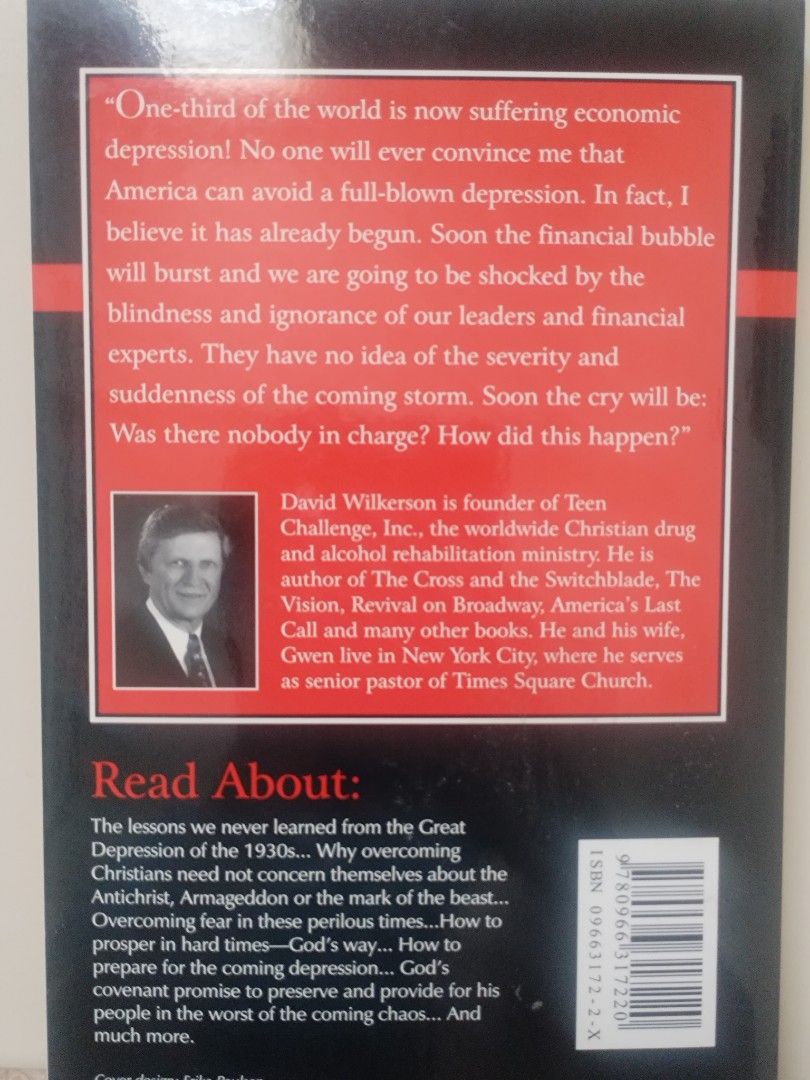 God's Plan in the Coming Depression by David Wilkerson (Category: Religion Books) located in Manila. Submitted by richdg (Listing ID 1384361607, Image 3). Description: Feel free to message me for more details. Book subject: Theology RFS: Decluttering. Meet-up (Mandaluyong area/Megamall or near it) Can also do shipping if not in Manda. Buyer will shoulder shipping fee..