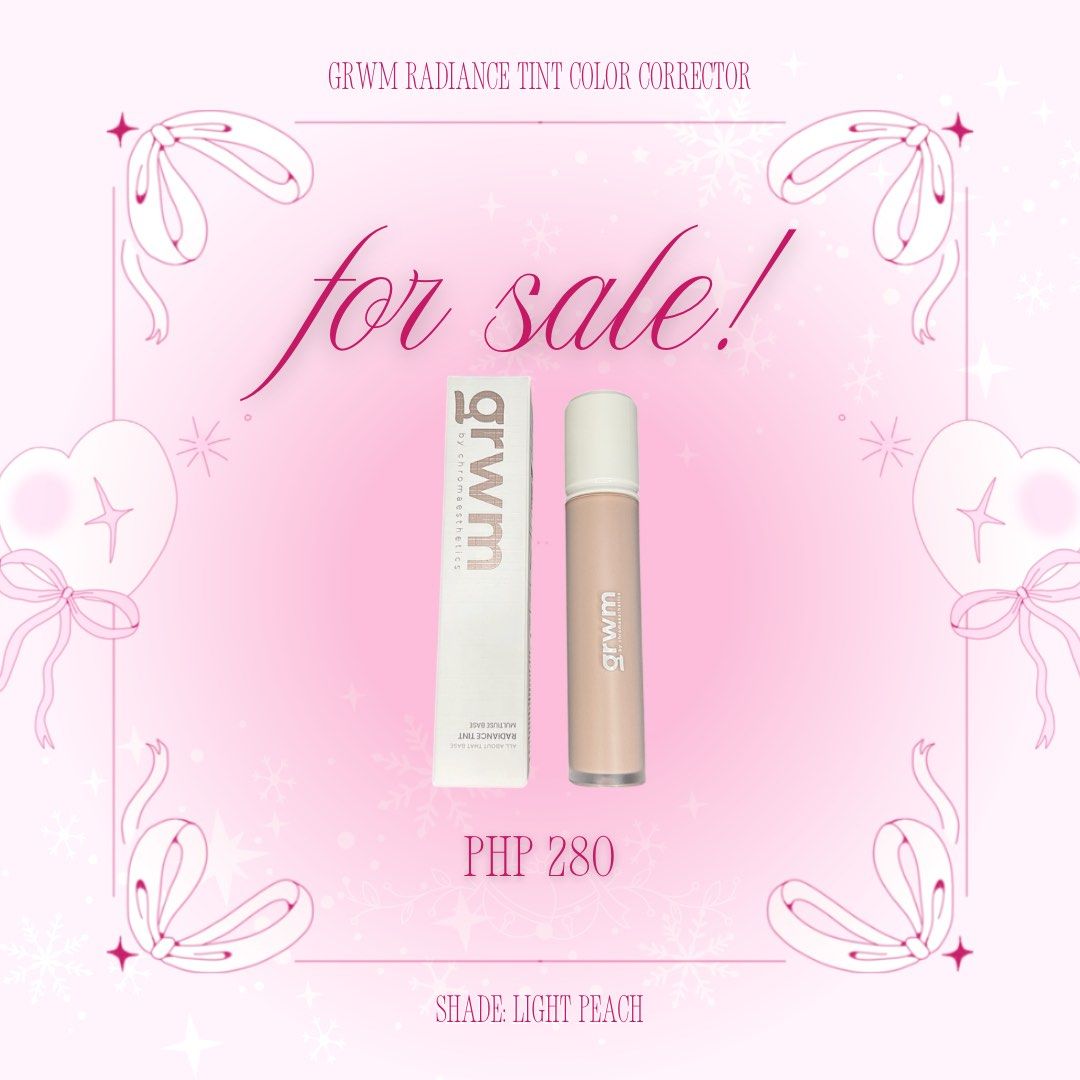 GRWM Radiance Tint Color Corrector (Category: Makeup) located in Valenzuela. Submitted by hanni0615 (Listing ID 1384365727, Image 1). Description: FOR SALE! 🎀🩰🩷 GRWM Radiance Tint Color Corrector: Light Peach 🗒️NOTES! - Item was bought at SRP/original price. - Only swatched, so the items are almost unused. But rest assured that the items are clean and were stored in hygienic and sanitary places. - Product is still full. - RFS: not my shade, s