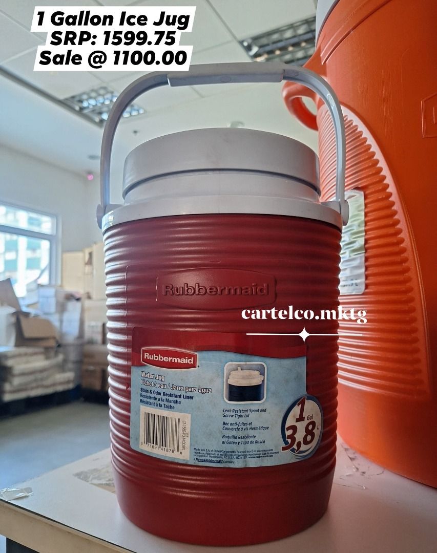 ICE COOLER JUG 1 GALLON - SMALL ICE JUG (Category: Outdoor Furniture) located in Manila. Submitted by cartelcomnl (Listing ID 1384236117, Image 1). Description: ICE COOLER JUG 1 GALLON - SMALL ICE JUG RUBBERMAID MADE IN USA SRP: 1,599.00 SALE @ 1,100.00 .