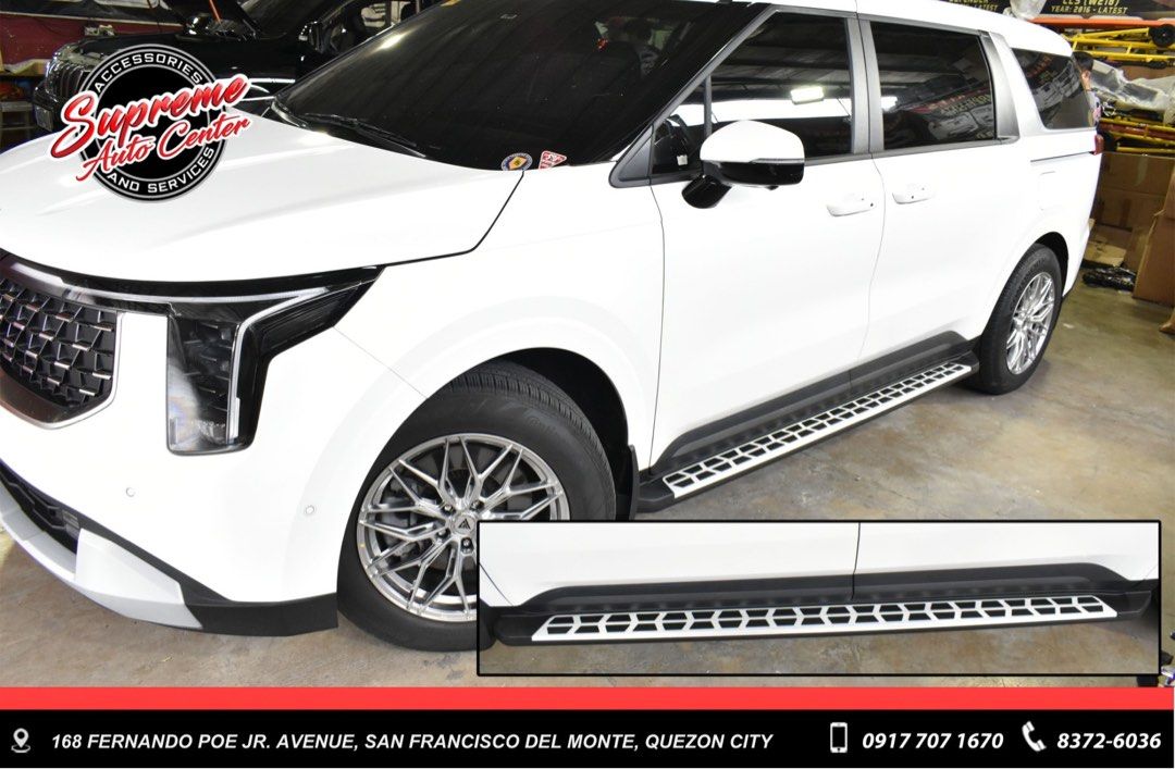 Kia Carnival Stepboard side step board (Category: Body Parts and Accessories) located in Quezon City. Submitted by supremeautocenter (Listing ID 1383693859, Image 3). Description: 2022-2026 up model - on hand 2004-2020 model- pre order - month Free installation 📍Supreme Auto Center 168 Fernando Poe Jr. Avenue, San Francisco del Monte, Quezon City 📱(0917) 707-1670 ☎️ (8) 372-6036 Monday to Saturday ⏰ 8am to 5pm.