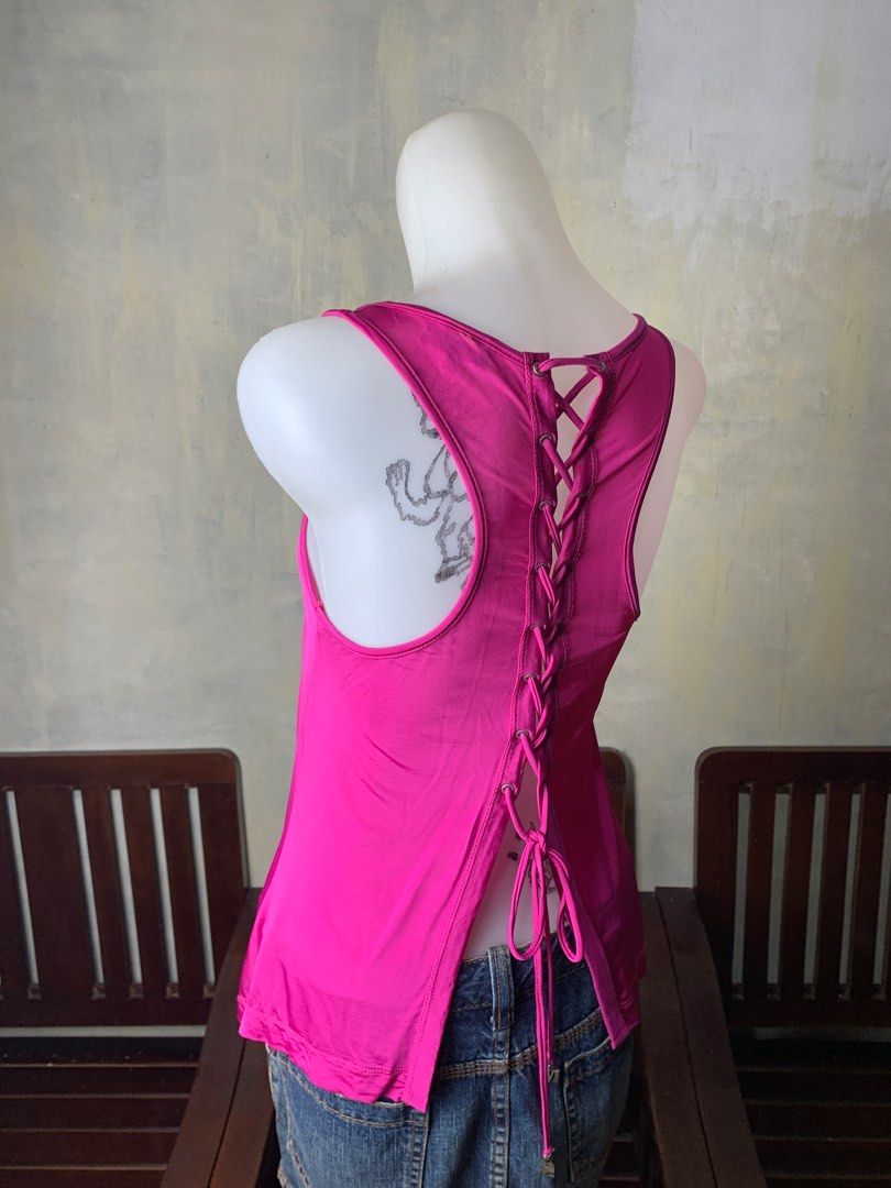 Miss Sixty Italy Pink Shiny Glossy Words Print Lace Back Tank Top, Fesyen Wanita, Pakaian Wanita ...