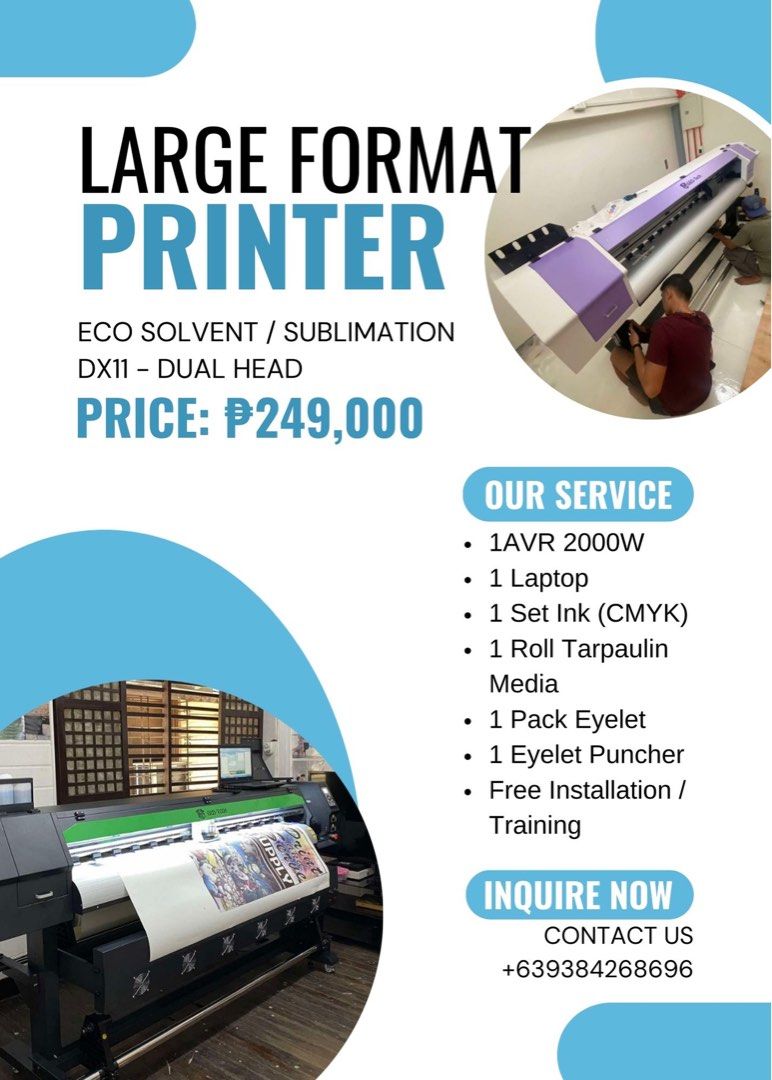 BRAND NEW DX11 (DUAL HEAD) ECO SOLVENT PRINTER MACHINE | SUBLIMATION PRINTER MACHINE LARGE FORMAT PRINTER MACHINE (Category: Printers, Scanners & Copiers) located in Manila. Submitted by annamaricrz_ (Listing ID 1387812962, Image 1). Description: For inquiries 📩 Sales Consultant: ANNA MARIE CRUZ Contact No: 09384268696 .