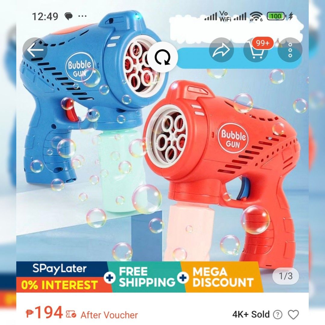 Bubble Gun (Category: Kids Toys) located in Manila. Submitted by siopao0130 (Listing ID 1387784409, Image 3). Description: Bubble Gun - brandnew - bought for Php194 - bubble concentrate included in package - needs AA batteries (not included) - color blue only - last price, low ballers keep out! Wag na tumawad!.