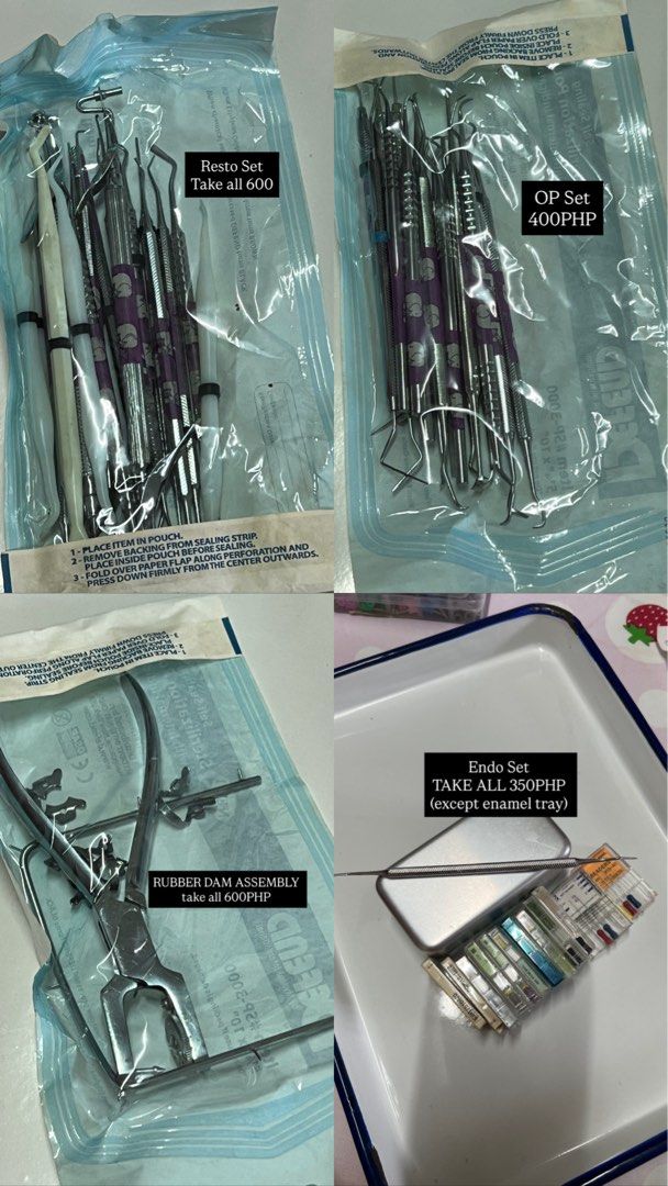 Dental Materials (Category: Medical Supplies & Tools) located in Quezon City. Submitted by d.essentialfinds (Listing ID 1387792800, Image 2). Description: Dental Materials -Dapen dish -Composite Gun -Typodont - 2 Hu-Freidy Scalers -Waste Receiver and Cotton dispenser -2 Enamel Tray -Cheek Retractor -Endo Set -Rubber Dam Assembly -OP Set -Resto Set -Prostho set (Fox plane, alcohol torch, alcohol lamp, alcohol lamp assembly) -mercury dispenser with